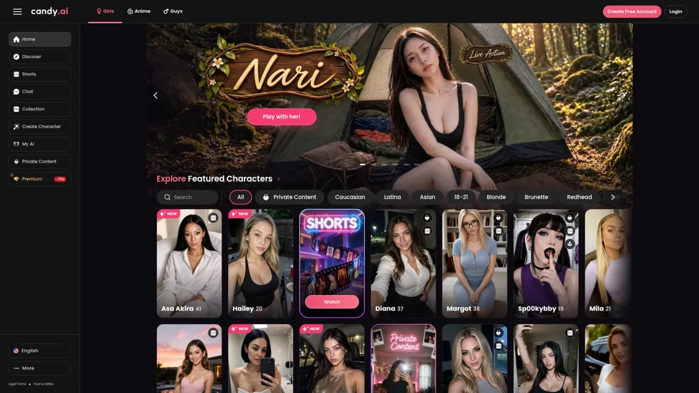 Page d’accueil de Candy AI avec sa sélection de personnages