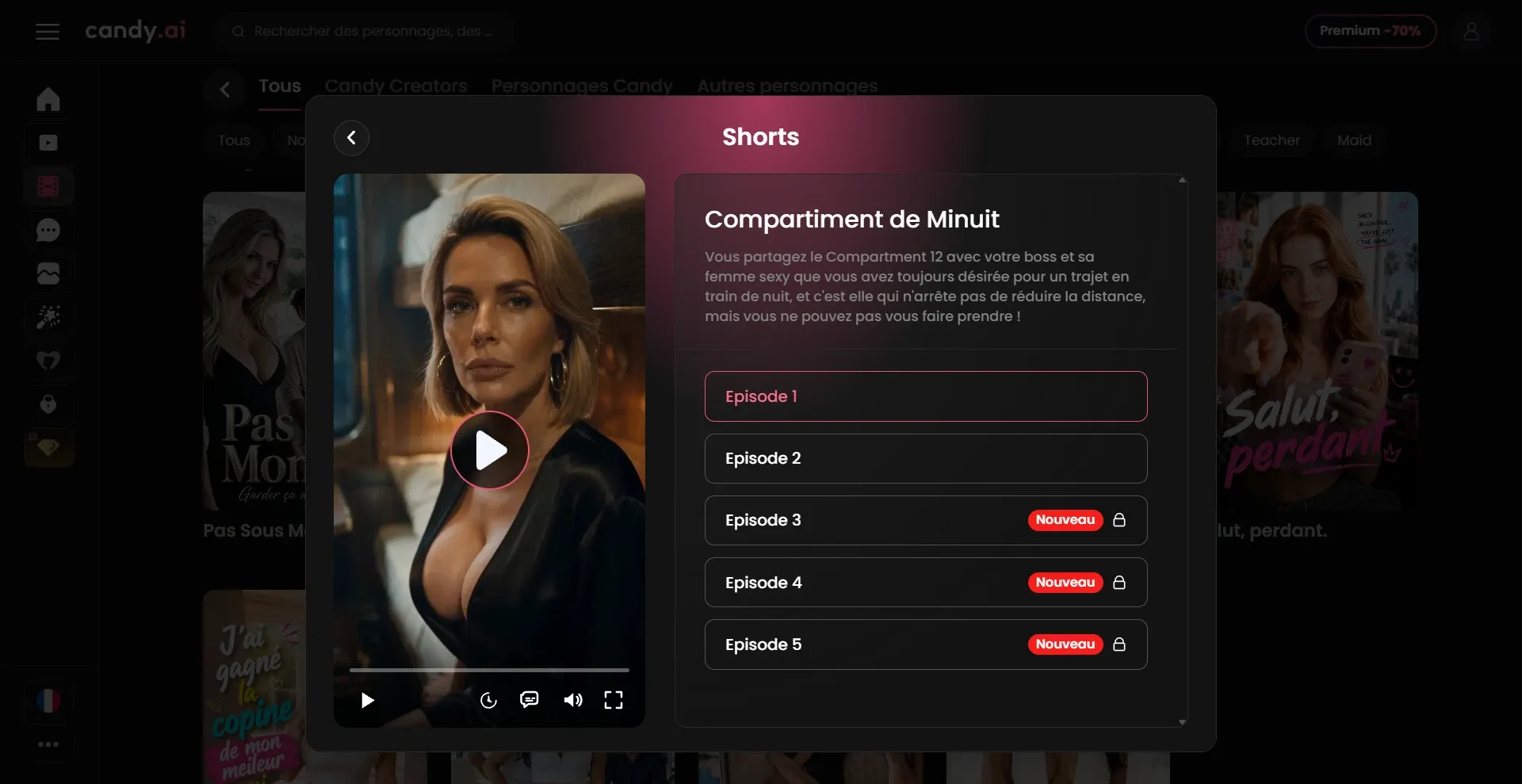 Fiche d’une série de Shorts sur Candy AI : résumé du scénario et liste de cinq épisodes, dont trois verrouillés
