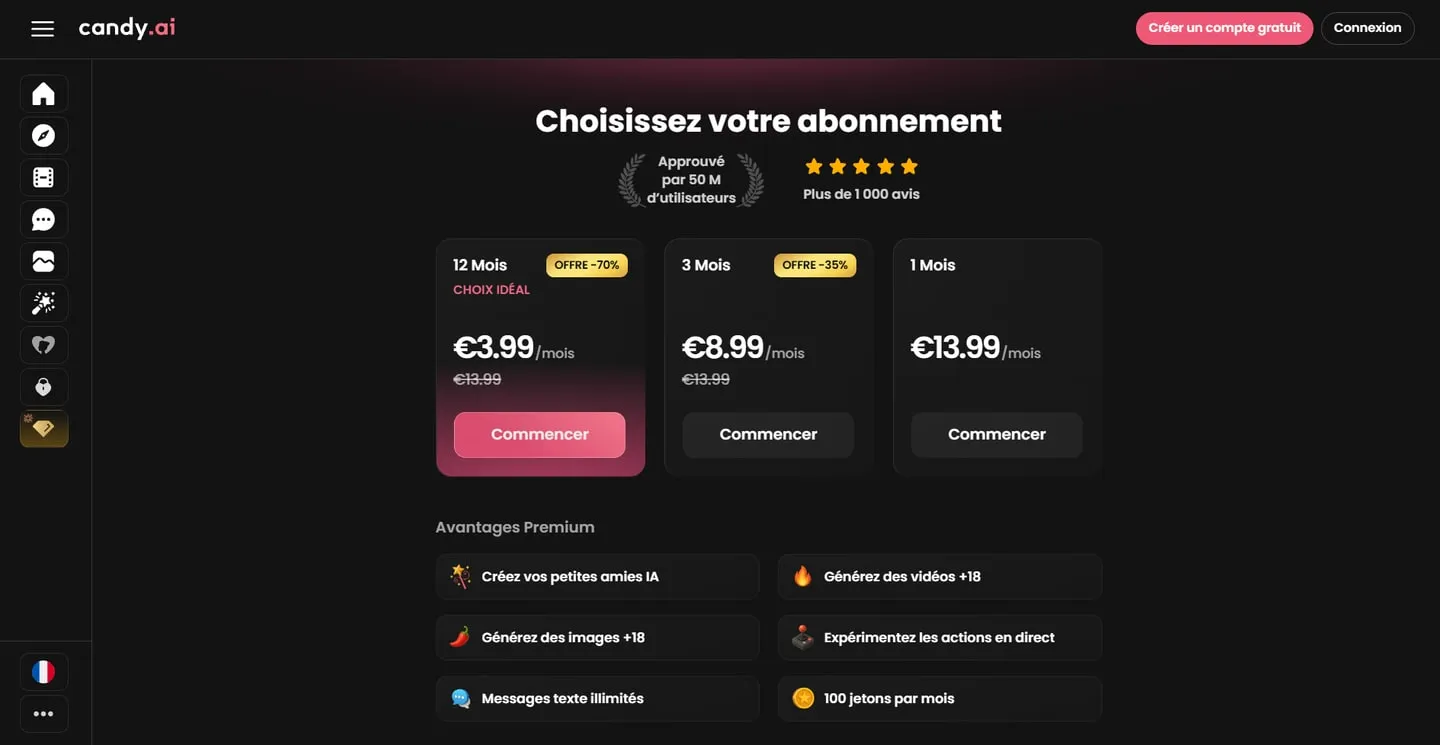 Grille des abonnements Candy AI : 3,99 €, 8,99 € et 13,99 € par mois