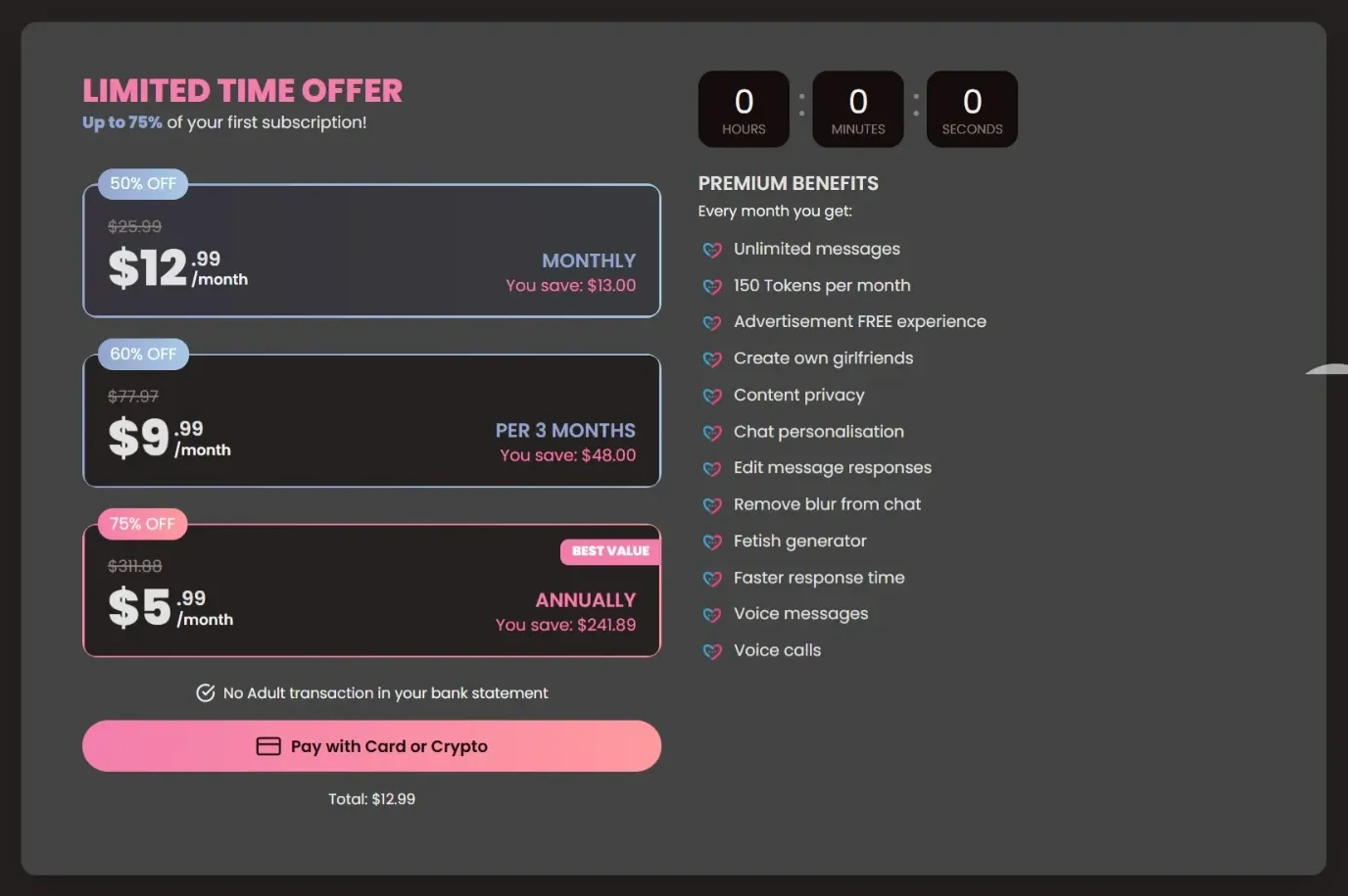Page des offres d’eHentai.ai : 12,99 $, 9,99 $ et 5,99 $ par mois, et liste des avantages Premium