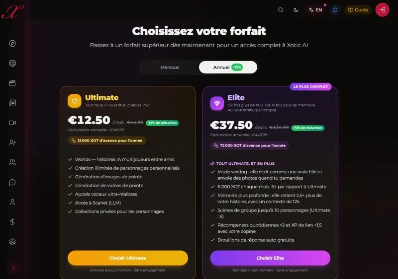 Grille des abonnements Xotic AI en formule annuelle : Ultimate à 12,50 € et Elite à 37,50 € par mois